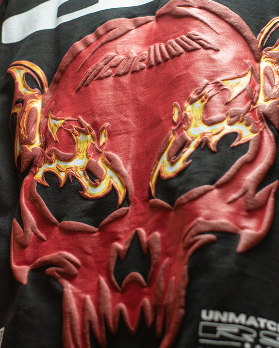 "UNMATCHED LEGACY" T-Shirt | Glowing Skull Back Print | 3D Puff Fire Eyes | Censored Sleeve Text | Streetwear Statement Tee