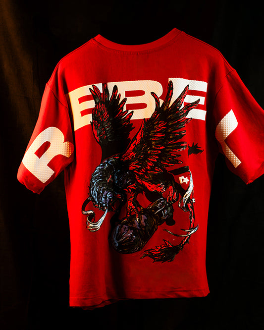 REBEL- Red T-Shirt | Missile-Stopping Eagle Design | 3D Puff Print Streetwear | Oversized Fit