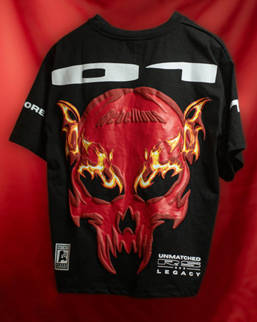 "UNMATCHED LEGACY" T-Shirt | Glowing Skull Back Print | 3D Puff Fire Eyes | Censored Sleeve Text | Streetwear Statement Tee