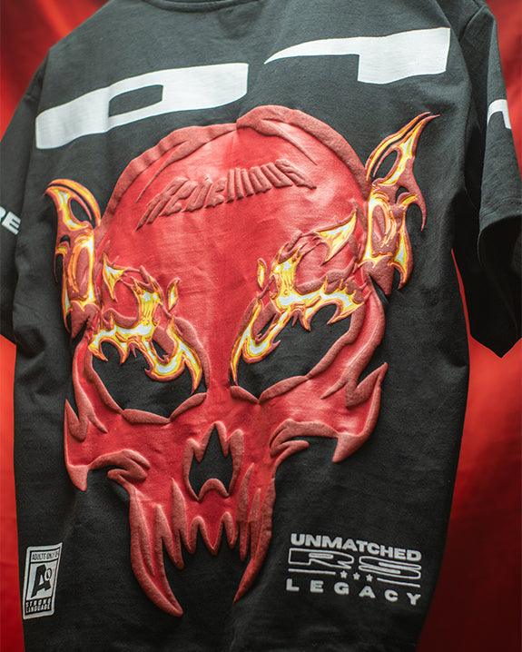 "UNMATCHED LEGACY" T-Shirt | Glowing Skull Back Print | 3D Puff Fire Eyes | Censored Sleeve Text | Streetwear Statement Tee